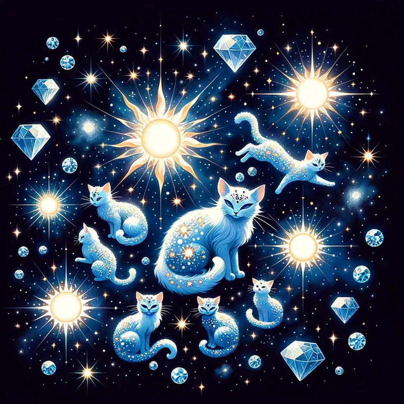 Cosmic Cat Cluster - A cluster of ethereal cats powered by solar energy, floating gracefully against a dark blue backdrop with twinkling star-shaped glitter and radiant diamonds. - AI image generated with Art