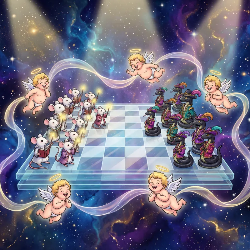 Cosmic Chess: The Cartoon Confrontation - A dreamlike cosmic scene with a star-drenched, surreal background, swirling energy ribbons, and angels. Spotlights a spectacular glass 5D chessboard suspended in space; on one side are mice styled as white chess pieces with books and magic, and on the other, snakes as black chess pieces in lavish outfits. The scene is lighthearted and cartoony. - AI image generated with 4K Pro - vivid colors, cartoony, alcohol ink