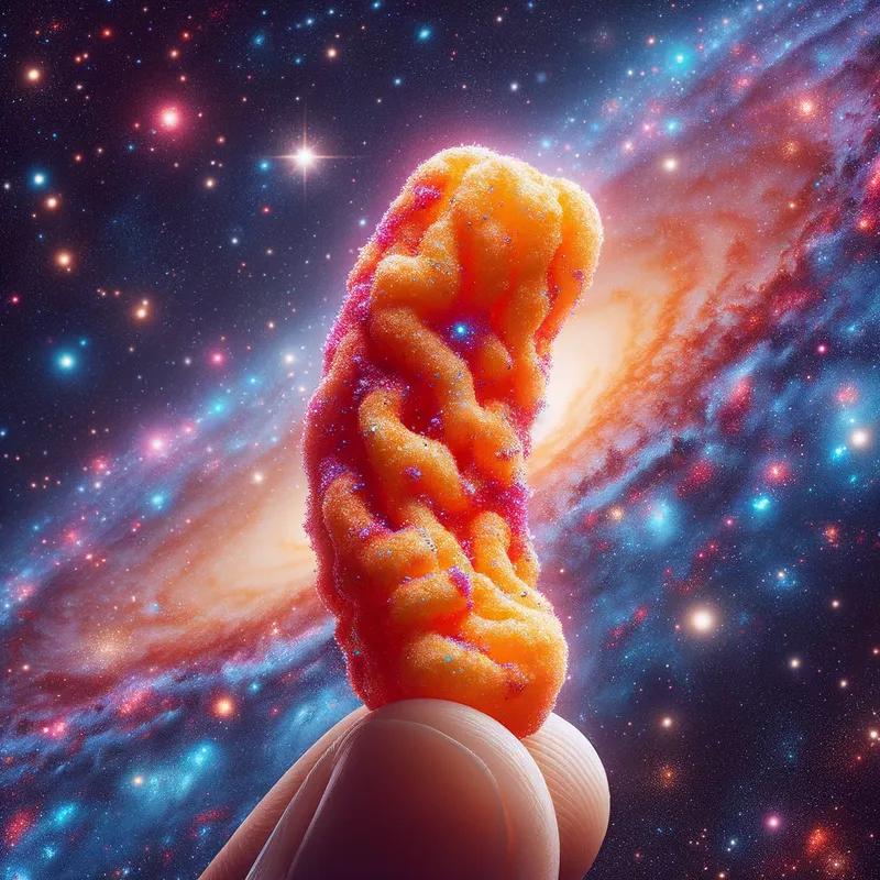 Cosmic Crunch - A close-up of a Cheeto with a galaxy texture, glowing with stardust and surrounded by space. - AI image generated with Art