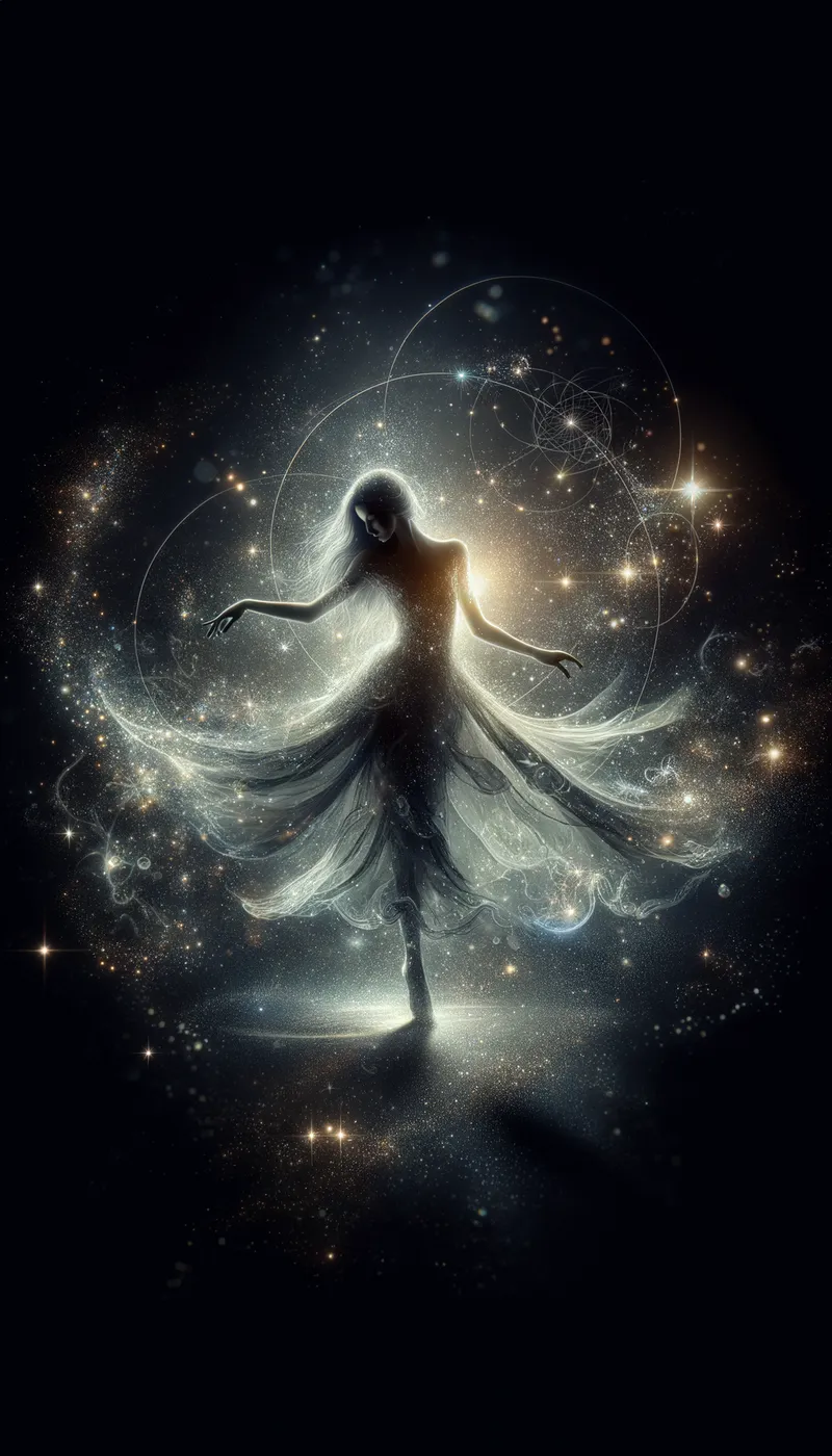 Cosmic Dance - A mystical figure dancing gracefully in the darkness of a black background, with sparkles and cosmic elements surrounding them. - AI image generated with Art