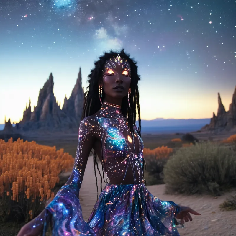 Cosmic Dance of the Alien Gypsy - A mesmerizing alien gypsy with luminescent skin and intricate, glowing tattoos, dancing under a starlit sky. She wears a flowing, cosmic-patterned dress that shimmers with the colors of the galaxy. Her eyes are large and otherworldly, reflecting the mysteries of the universe. The background features a surreal landscape with floating islands and vibrant, alien flora.