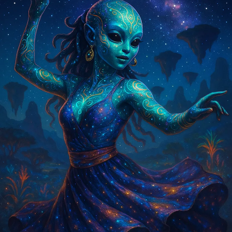 Cosmic Dance of the Alien Gypsy - A mesmerizing alien gypsy with luminescent skin and intricate, glowing tattoos, dancing under a starlit sky. She wears a flowing, cosmic-patterned dress that shimmers with the colors of the galaxy. Her eyes are large and otherworldly, reflecting the mysteries of the universe. The background features a surreal landscape with floating islands and vibrant, alien flora. - AI image generated with GPT Image