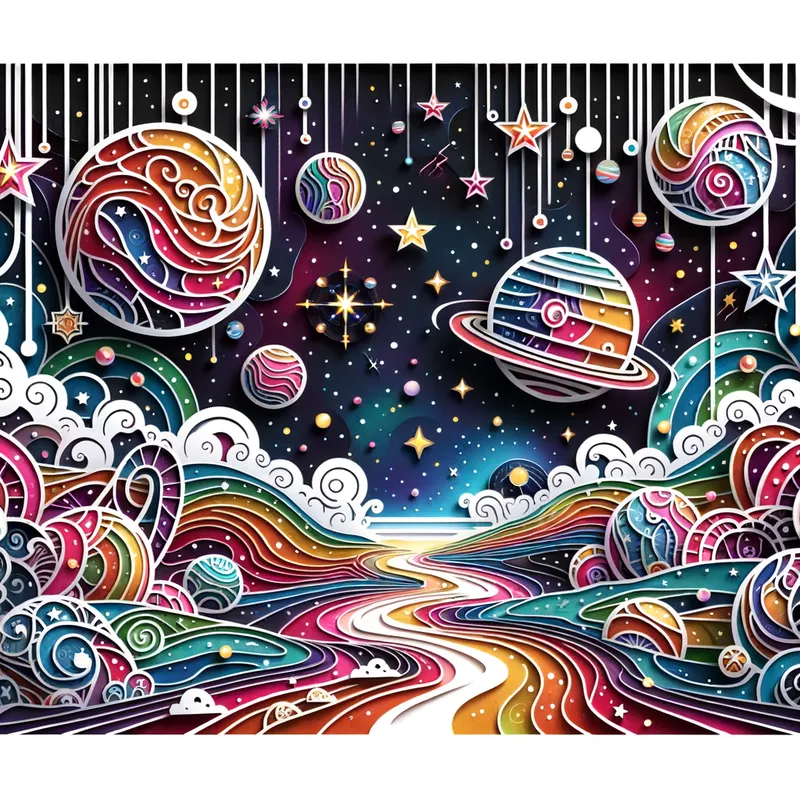Cosmic Dream - A fantastical cosmic landscape in a paper cut effect, with planets, stars, and galaxies interconnected through intricate cutout designs and vibrant colors. - AI image generated with Art