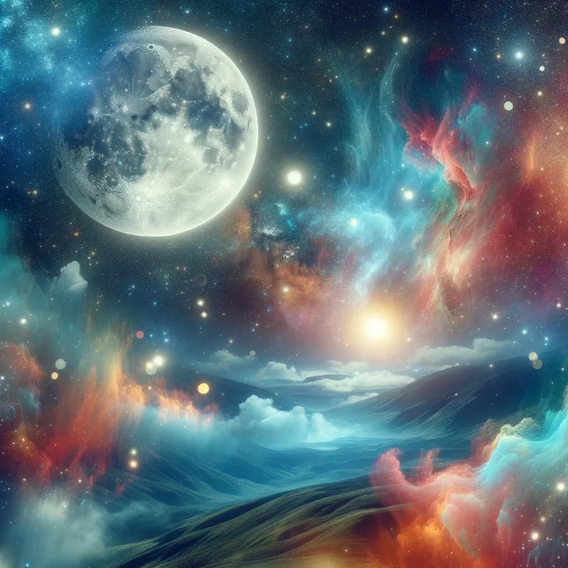 Cosmic Dreamscape - A surreal composition of space, featuring an oversized moon, lush star fields, and vibrant, colorful nebulae interspersed among the stars. The dreamlike atmosphere evokes a sense of wonder and fantasy. - AI image generated with Art