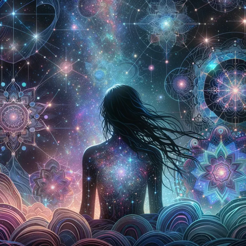 Cosmic Dreamscape - A black-haired figure enveloped by a mesmerizing, starry night sky, with holographic hues dancing around. Layered paper cutout galaxies and shimmering stars interweave, while intricate mandalas create radiant constellations, adding ethereal depth. - AI image generated with Art