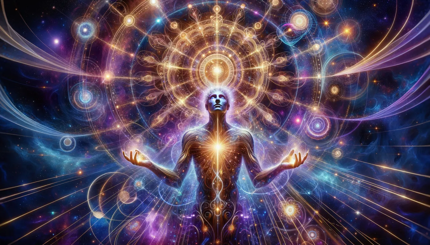 Cosmic Enlighten - A powerful, radiant spiritual figure stands at the center of the cosmos, emanating divine energy. Their form glows with golden and violet hues, symbolizing enlightenment and higher consciousness. Flowing energy streams of blue, white, and iridescent light swirl around them, resembling sacred geometry, cosmic grids, and ethereal auras. The background is a celestial expanse filled with shimmering stars, nebulae, and luminous light codes, evoking a sense of ascension and multidimensional awareness. Their eyes radiate wisdom, and their hands are raised in activation, channeling universal energy. The scene embodies empowerment, transformation, and divine purpose - AI image generated with Art