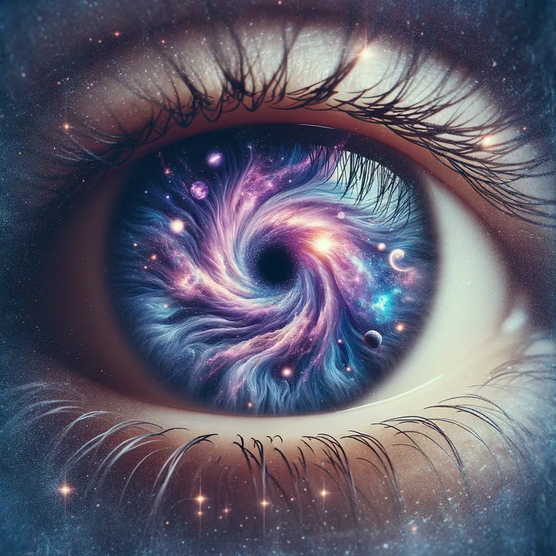 Cosmic Eye - A surreal image of an eye that appears to contain a galaxy within the iris, with swirling stars, nebulae, and vibrant galaxies of purples and blues, radiating a magical aura. - AI image generated with Art - grain effect