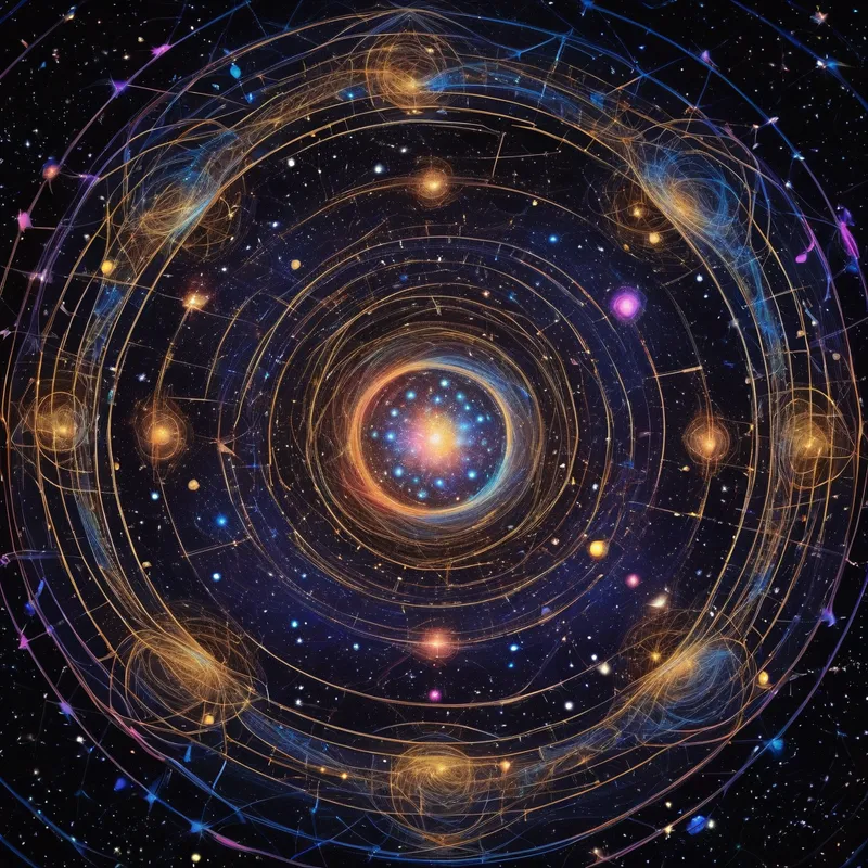Cosmic Geometry and Energy Universe - a universe of mathematical geometrical symbols glalaxys worm holes and cosmic structures in a dazziling array of cosmic visuals and energy - AI image generated with Photorealistic