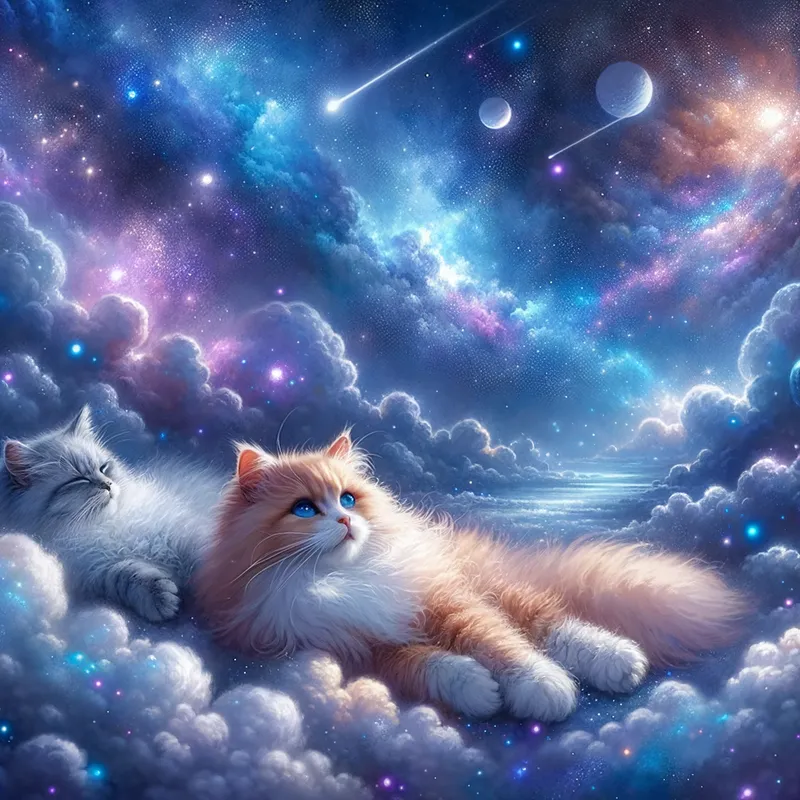 Cosmic Nap - Cats lounging on fluffy clouds of stardust within a serene galaxy, bathed in soft blues, purples, and sparkling lights of celestial bodies. - AI image generated with Art