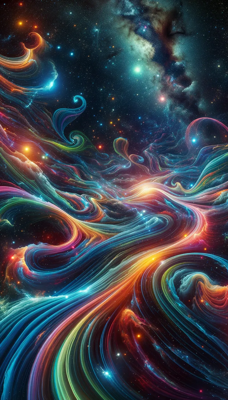 Cosmic Neon Currents - Depict a lively cosmic tableau with vibrant, neon-hued ribbons of light undulating like rivers among the stars, punctuating the darkness with nebula-esque speckles. - AI image generated with Art