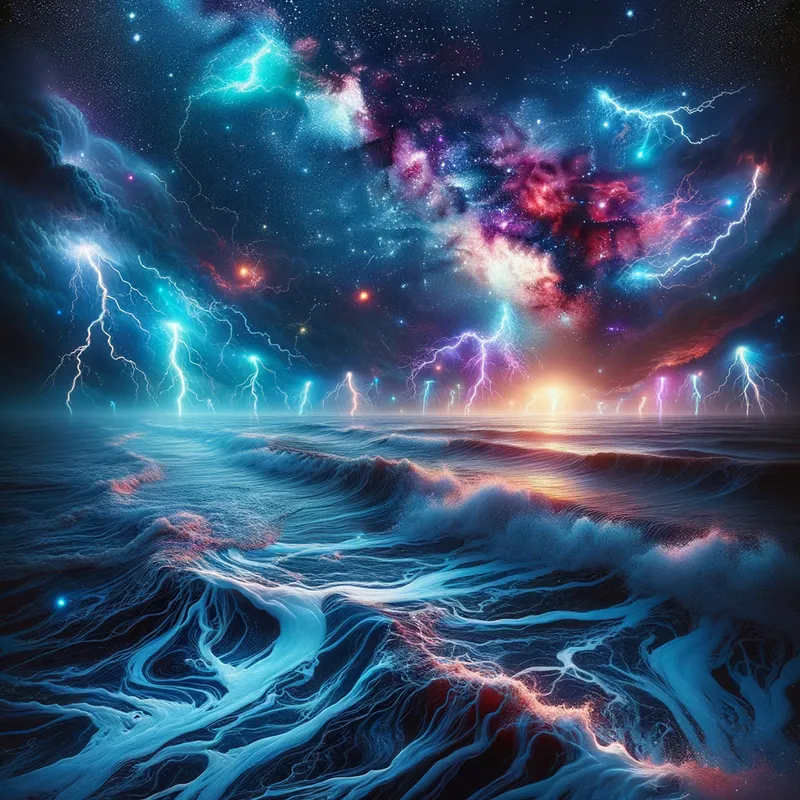 Cosmic Ocean Thunder - A stormy sea under a night sky lit by galactic colors and electric lightning bolts, blending the cosmic with the marine in a psychedelic scene. - AI image generated with Art
