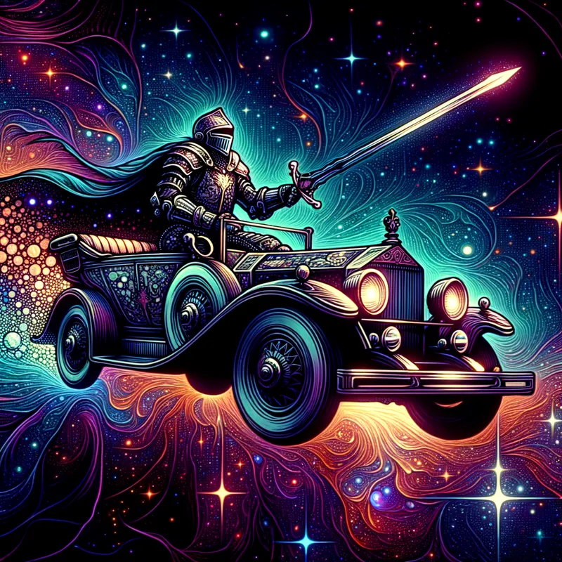 Cosmic Roam - psychedelic poster, cosmic swordsman roaming through the cosmos in an old cadillac with a turtle on the side of it - AI image generated with Art - dark tones, dramatic, vivid colors