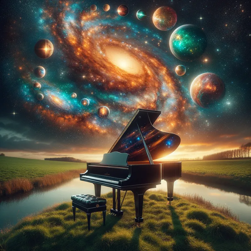 Cosmic Serenade - A serene landscape featuring a grand piano surrounded by ethereal astrological elements, inviting the viewer to experience a meditative musical journey through the stars. - AI image generated with Art
