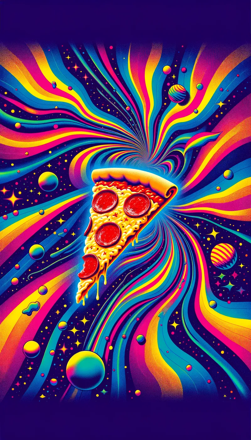 Cosmic Slice - A cosmic journey of a pepperoni pizza slice through a vibrant, psychedelic space. The pizza slice has trippy, multicolored trails and is surrounded by celestial bodies and abstract patterns that evoke the Grateful Dead's iconic art. - AI image generated with Art