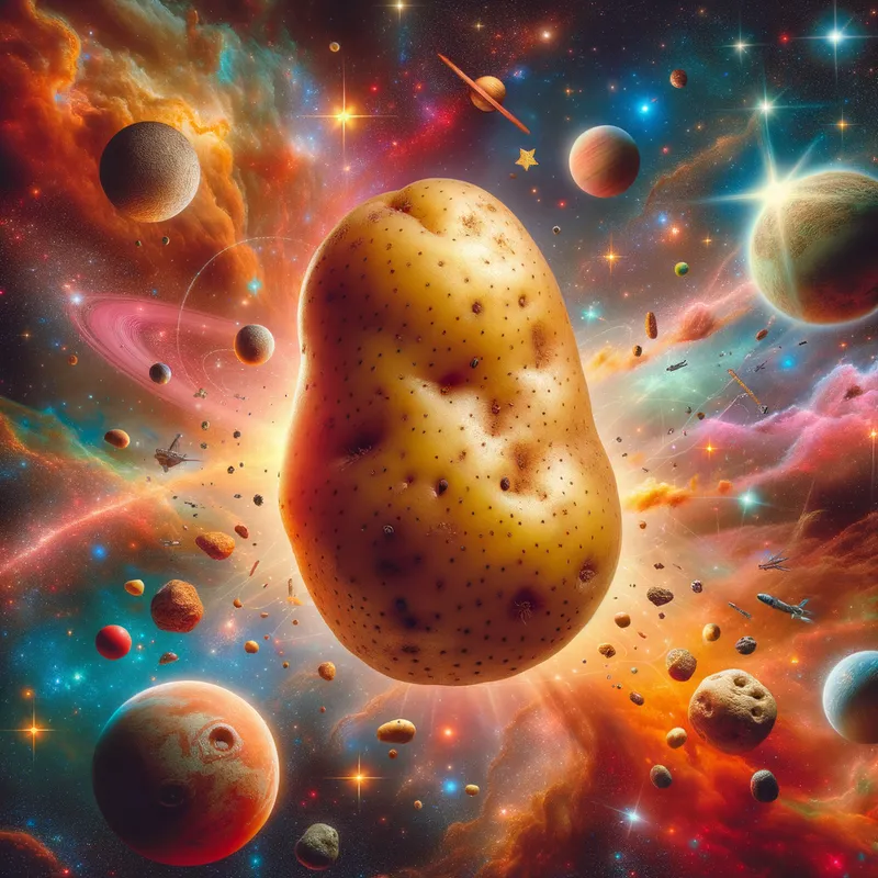Cosmic Tater - An imaginative, surreal depiction of a potato floating in outer space, surrounded by stars, planets, and vibrant cosmic colors. - AI image generated with Art