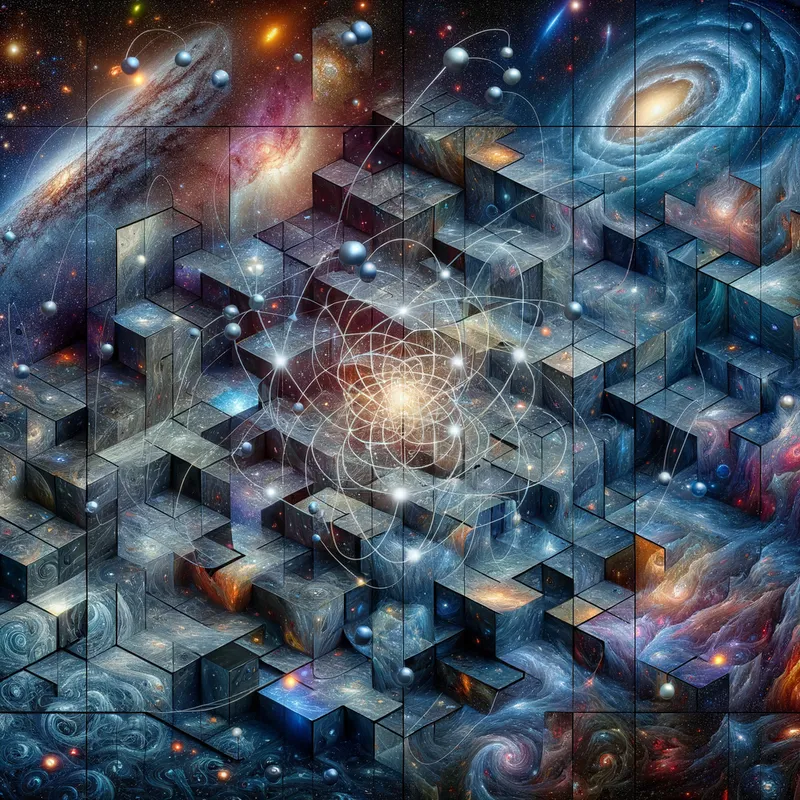 Cosmic Tessellation - A surreal and mesmerizing image depicting the intricate interplay between the vast expanses of galaxies and the microscopic world of subatomic particles, creating a harmonious and visually captivating tessellated pattern. - AI image generated with Art