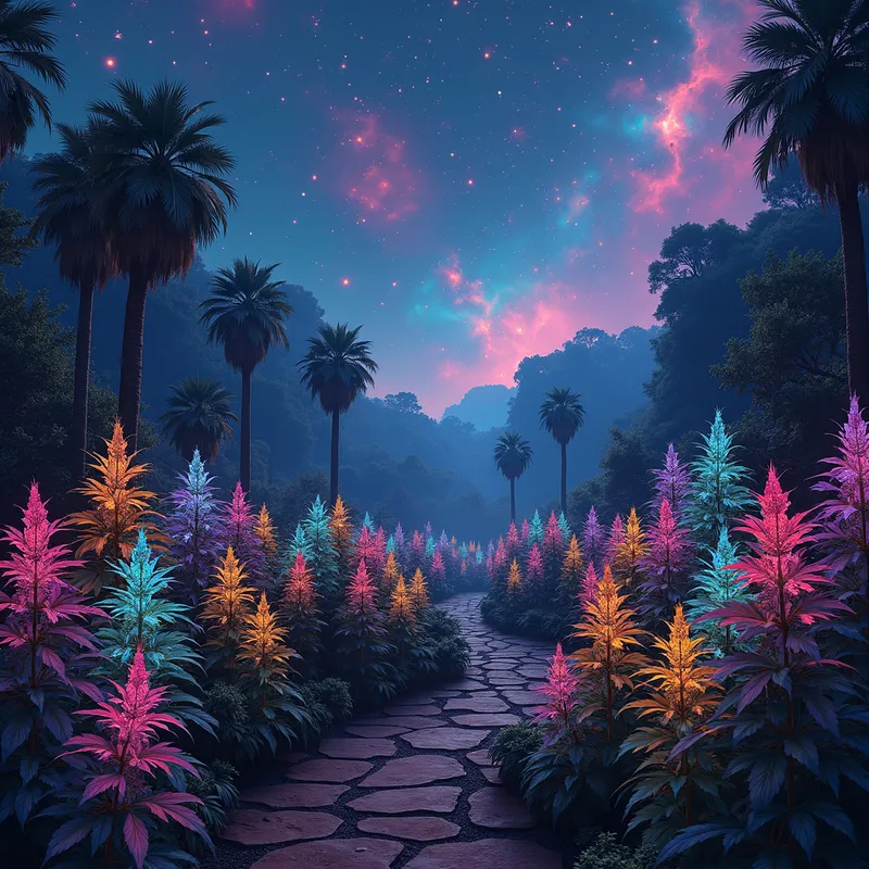 Cosmic Weed Garden - An otherworldly garden filled with colorful, bioluminescent marijuana plants, with an alien sky filled with bright nebulae and star clusters, giving a feeling of being on another planet. - AI image generated with Photorealistic 2