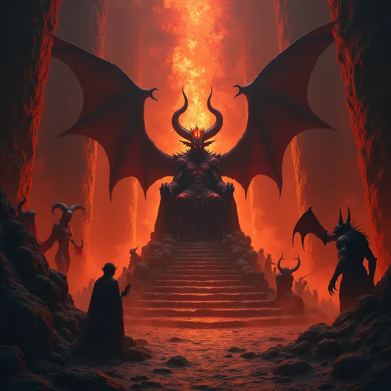 Council in the Infernal Depths - An immense underground kingdom of fire and shadow where a demonic overlord sits on a jagged throne, silently observing his monstrous followers as they map the conquest of mankind. The throne room glows with crimson lava and flickering hellfire, while the ruler’s fiery bleeding crown radiates terrifying authority. Winged demons, horned creatures, and armored fiends gather below in sinister planning. Epic dark fantasy style, rich textures, dramatic shadows, high detail. - AI image generated with Photorealistic 2