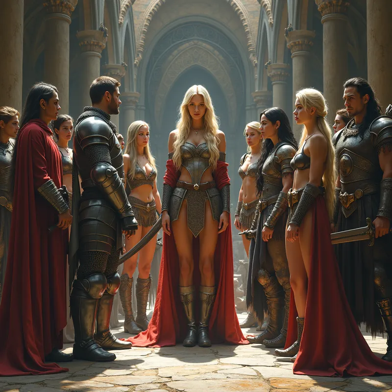Council of Heroes - A beautiful sorceress stands before a grand throne, with a male knight dressed in gleaming chainmail and carrying a mace addressing her. Beside the knight is a male barbarian in a traditional loincloth, wielding a broadsword. To his right, a ranger in functional leather armor stands with a bow at the ready. A female warrior with a long blond braid, wearing only a metal bra and chainmail shorts, is holding a longsword. Beside her is a girl with long dark hair in a tight black silk leotard carrying a short sword. Another woman, clad in armor and wielding a long curved sword, stands watching the sorceress. - AI image generated with Photorealistic 2