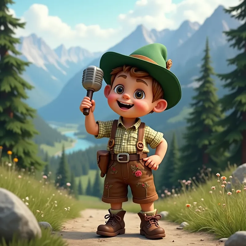 Countryside Alpine Singer - A charming hillbilly wearing traditional alpine yodeling clothes, including embroidered lederhosen, a green Tyrolean hat, checkered shirt, and hiking boots, holding a yodeling pose on a mountain path, surrounded by pine trees and sweeping valley views, cinematic composition, detailed and lively. - AI image generated with Photorealistic 2