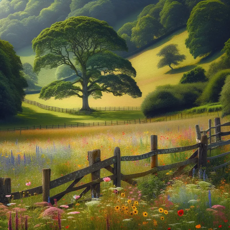 Countryside Charm - A picturesque farm field dotted with wildflowers, a rustic wooden fence, and a lone tree providing gentle shade. - AI image generated with Art