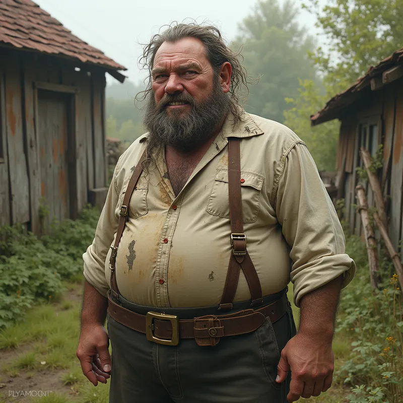 Countryside Eccentric Figure Study - A character study of an eccentric fictional countryside figure with a fuller body type, prominent front teeth, and natural body hair, dressed in distressed vintage clothing, set in an overgrown rural yard, rendered as a detailed concept art portrait. - AI image generated with Photorealistic 2