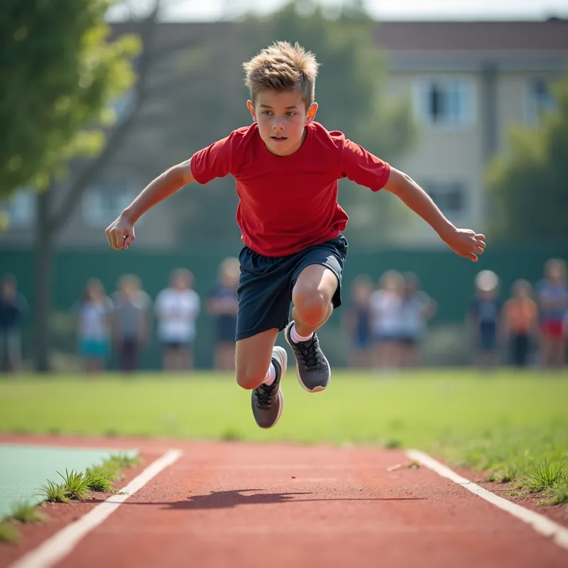 Courage in Motion - Side view of a portly 12-year-old boy attempting a long jump, frozen in the moment of takeoff. His body is tensed with effort, and the background features a vibrant school sports field. - AI image generated with Photorealistic 2