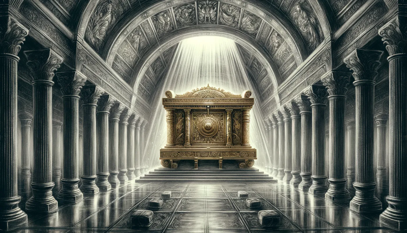 Covenant Chest - Illustrate the Ark in the context of its sacred environment, the inner sanctum of the sanctuary. Ensure the image shows the gold-covered chest with specific biblical dimensions, as a central artifact revered by the Israelites in their spiritual practices. - ethereal and inspirational, unique framing and composition, highlights: Nikon D700, Nikkor 50mm 1.8