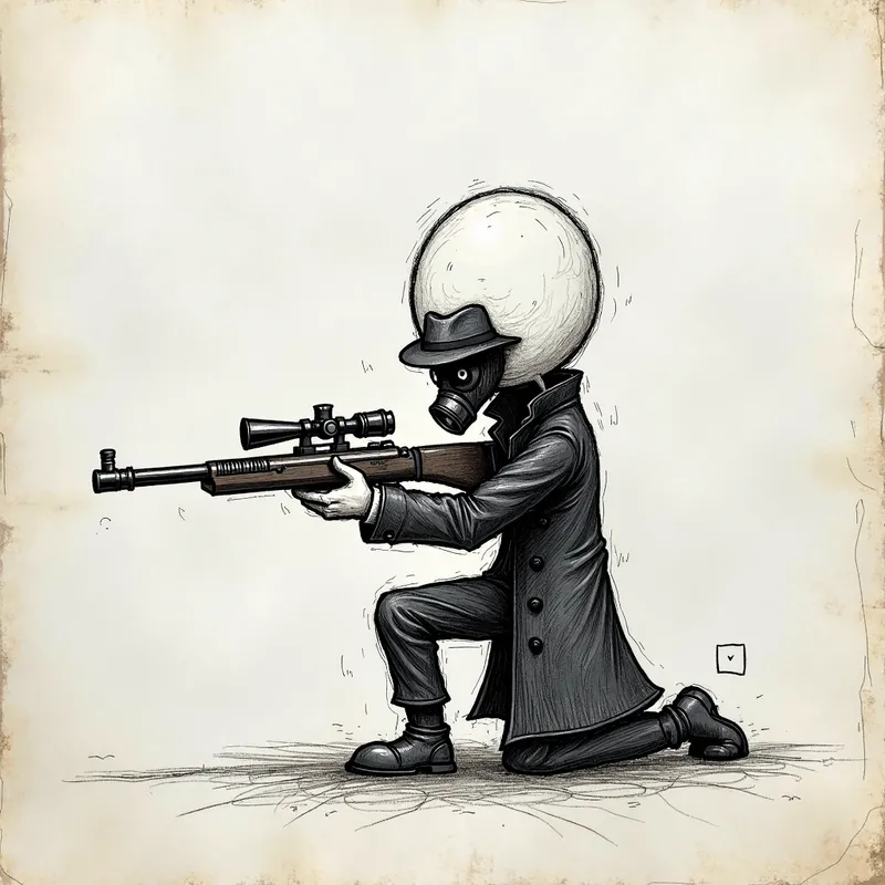 Covert Operative - A simple hand-drawn sketch of a stick figure with a round head and thin, rough pencil strokes for the body and limbs. The character is shown wearing a long black trench coat, fedora hat, and a gas mask, while kneeling on one knee aiming a scoped rifle. The background is textured paper with slight shading and cross-hatching. - AI image generated with Photorealistic 2