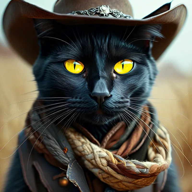 Cowboy-Katze im Wilden Westen, Giger-St. - Schwarze Katze mit gelben Augen als Cowboy in einer Wildwestumgebung - AI image generated with Nova Canvas - Giger