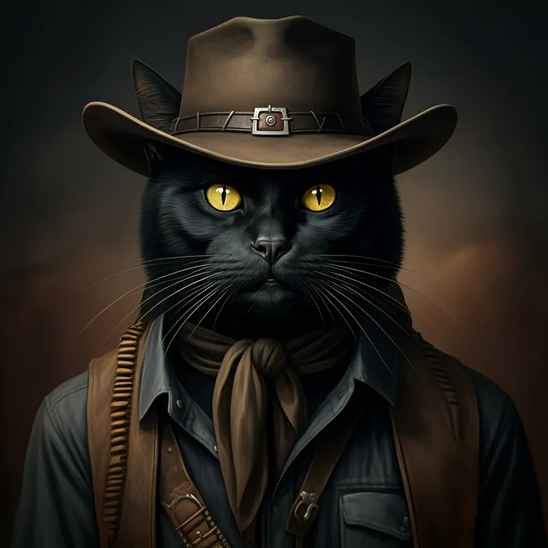 Cowboy-Katze im Wilden Westen, Giger-St. - Schwarze Katze mit gelben Augen als Cowboy in einer Wildwestumgebung - AI image generated with Imagen 3 - Giger