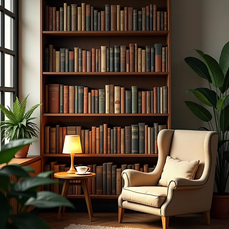 Cozy Book Nook - A cozy nook filled with a variety of books. A wooden bookshelf filled with books of different sizes, colors, and genres stands against the wall. A comfortable armchair with a small table next to it, holding a teacup and a reading lamp, is placed in front of the bookshelf. Soft lighting enhances the warm and inviting atmosphere. A few plants add a touch of greenery to the scene. - AI image generated with Photorealistic 2