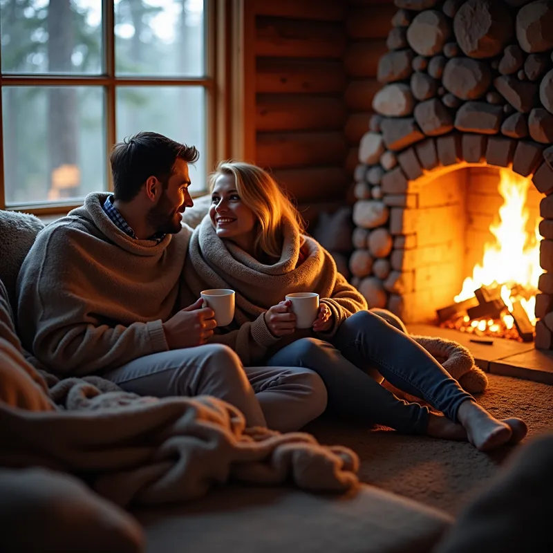 Cozy Cabin Getaway - A male and a female relaxing by a roaring fire in a cozy mountain cabin, wrapped in a blanket and sipping hot cocoa, sharing a moment of warmth and intimacy. - AI image generated with Photorealistic 2