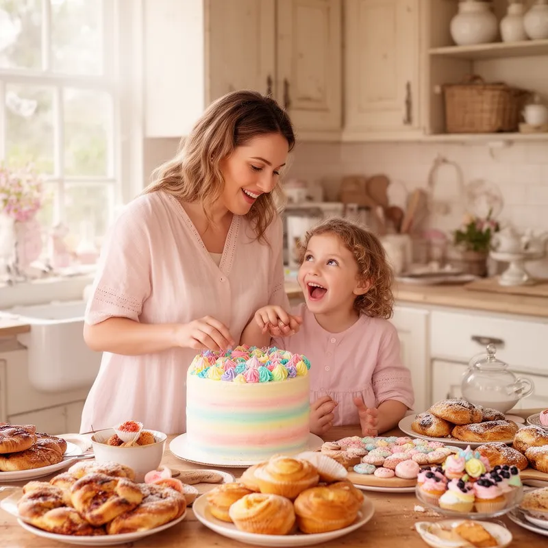 Cozy Cake Decorating Scene - A charming domestic moment in a sun-drenched kitchen, where a mother with a gentle smile decorates a beautiful cake with colorful frosting. Her child watches closely with joy and wonder. Soft pastel tones, warm ambient lighting, rustic kitchen details, delicious baked goods, and an overall heartwarming feeling of family connection and appreciation. - AI image generated with Flux 2