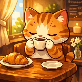 Cozy Cat Sipping Coffee at Café Table