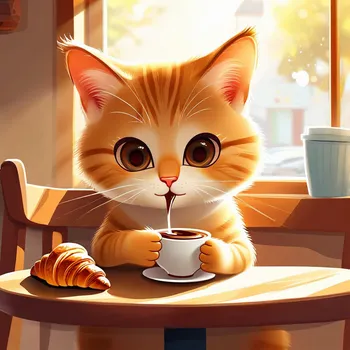 Cozy Cat Sipping Coffee at Café Table