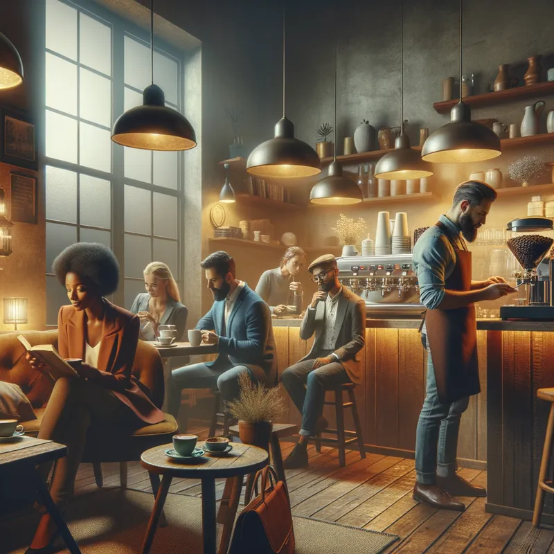 Cozy Coffee House Evening - A warm and inviting coffee house in the evening, with soft, ambient lighting and a rustic, charming interior. The scene includes comfortable seating areas with patrons enjoying their coffee, reading books, and engaging in quiet conversation. A barista is preparing a fresh cup of coffee behind the counter, with coffee beans and brewing equipment in view. The atmosphere is relaxed and cozy, perfect for unwinding. - AI image generated with Art