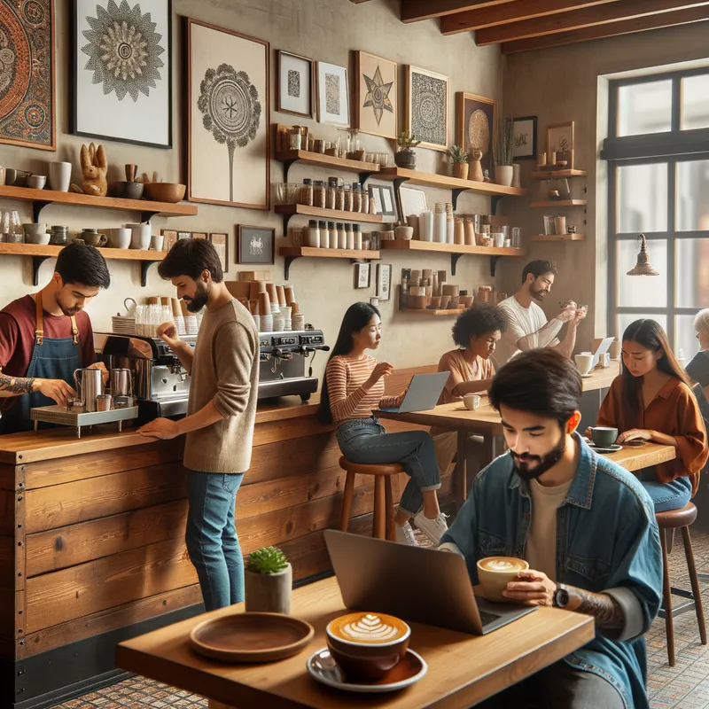 Cozy Coffee Shop - A cozy coffee shop with wooden furniture and a warm, inviting atmosphere. The barista is making latte art behind the counter, and customers are seated with laptops or chatting over mugs of coffee. The walls are adorned with artwork and shelves of books. - AI image generated with Art
