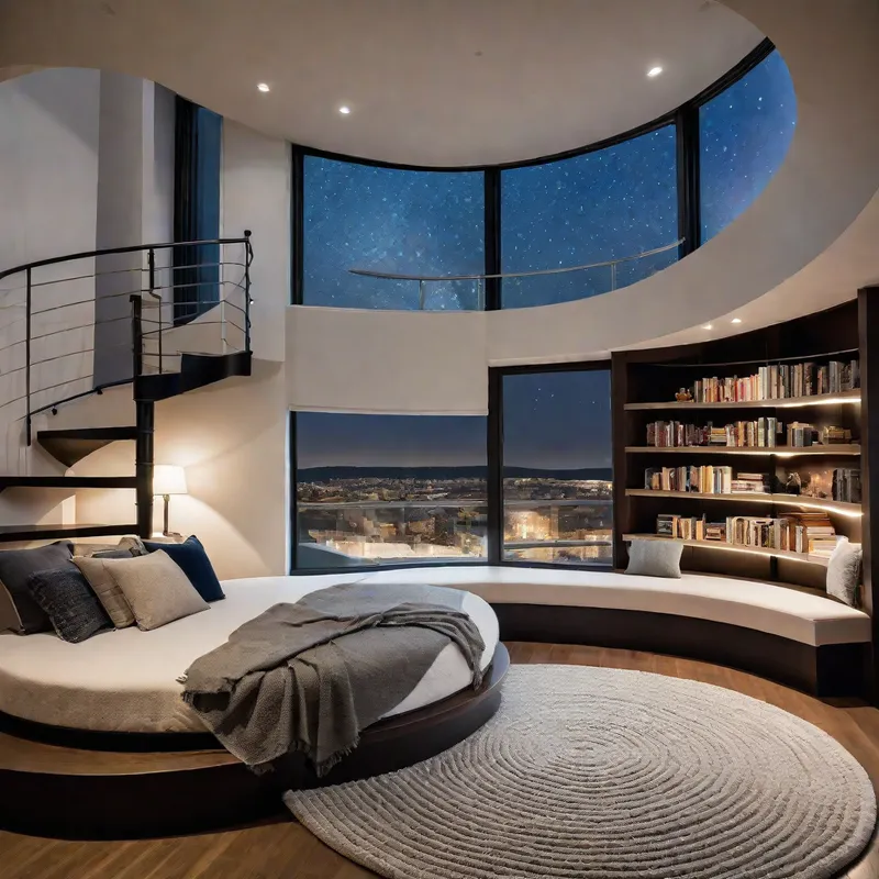 Cozy Loft Bedroom with Spiral Stairs - A modern, cozy bedroom features a lofted bed accessible via a spiral staircase. The lower level has a circular seating area with plush cushions and a round rug. The room is bathed in soft ambient lighting and has a large window with a night sky view, giving it a serene and dreamy atmosphere. A bookshelf with decorative items is situated adjacent to the bed. - AI image generated with Photorealistic