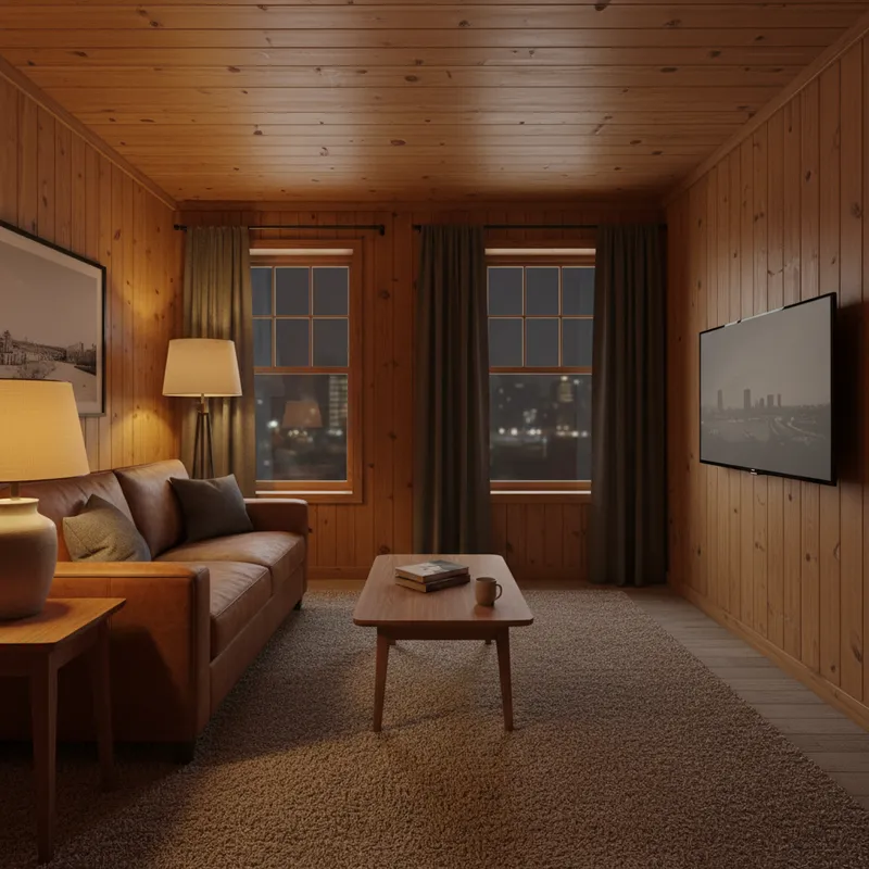 Cozy Nighttime Apartment Living Room - greate a realistic image of a small apartment living room at night time with lamps with wooden walls and ceiling, carpen floors, a brown leather couch and a 60 inch TV - AI image generated with Nano Banana