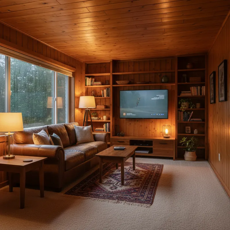 Cozy Nighttime Apartment Living Room - greate a realistic image of a small apartment living room at night time with lamps with wooden walls and ceiling, carpen floors, a brown leather couch and a 60 inch TV - AI image generated with Nano Banana