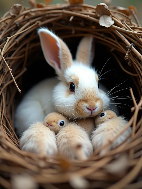 Cozy Rabbit Family - A charming angora mother rabbit curled around her fluffy babies in a cozy den, surrounded by twigs and leaves that enhance the warm, natural atmosphere. - AI image generated with Photorealistic 2