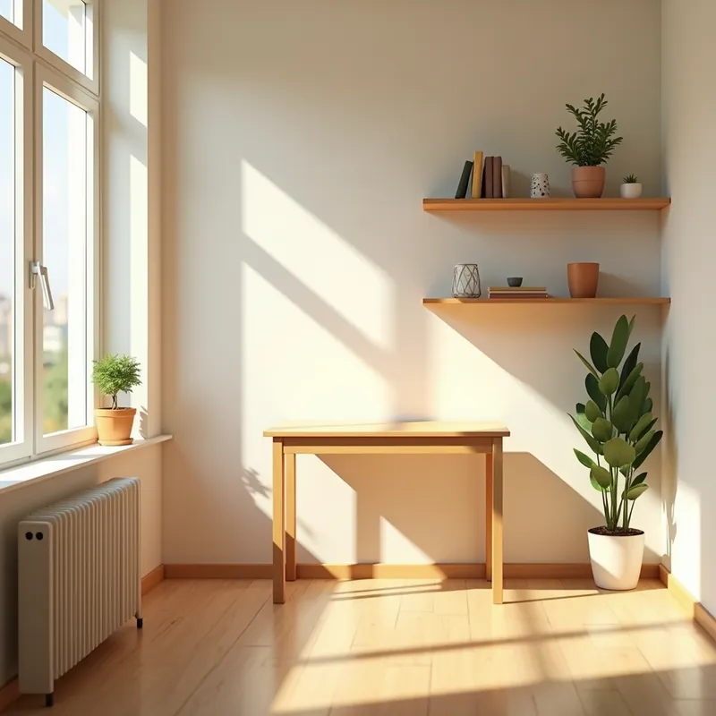 Cozy Selette Table Scene - A small, empty, light-colored high selette table is set up in a bright and pleasant room. The small selette table is seen from above, with a window on the side, a empty shelf and a plant on the floor. The room is warm and the walls are light. The atmosphere is bright, pleasant and warm. The top of the small selette table is empty. The empty top of the small selette table is clearly visible. - AI image generated with Photorealistic 2 - photorealistic