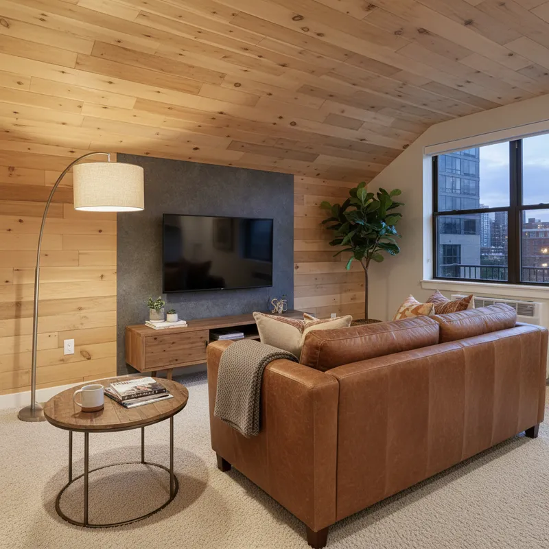Cozy Wooden Living Room w/ Leather Couch - 
greate a realistic image of a small apartment living room with wooden walls and ceiling, carpen floors, a brown leather couch and a 60 inch TV - AI image generated with Nano Banana