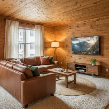 Cozy Wooden Living Room w/ Leather Couch