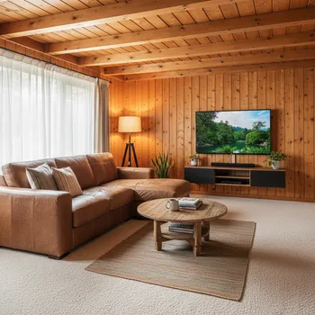 Cozy Wooden Living Room w/ Leather Couch