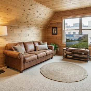 Cozy Wooden Living Room w/ Leather Couch