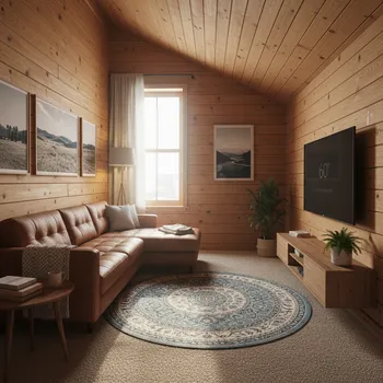 Cozy Wooden Living Room w/ Leather Couch