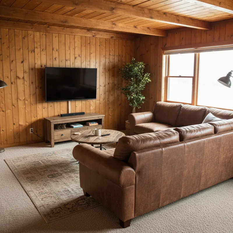 Cozy wooden room, leather sofa & TV - greate a realistic image of a small apartment living room with wooden walls and ceiling, carpen floors, a brown leather couch and a 60 inch TV - AI image generated with Nano Banana