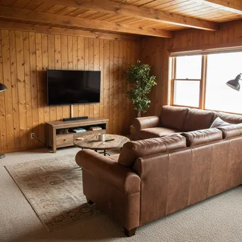 Cozy wooden room, leather sofa & TV